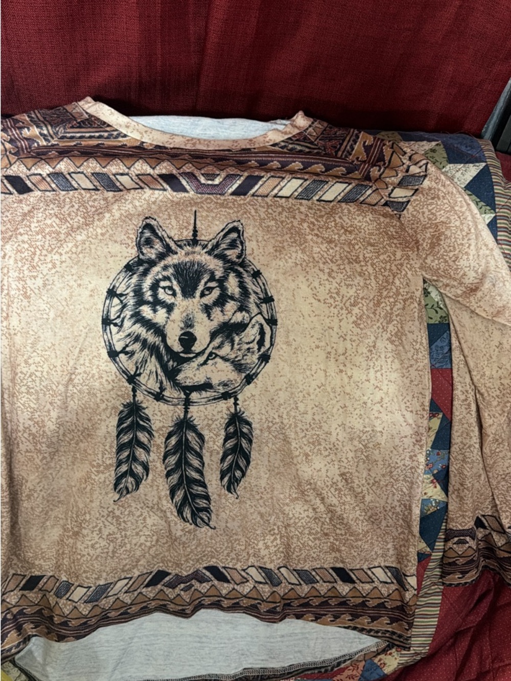 Native-Inspired Wolf Dreamcatcher Top in Beige and Brown